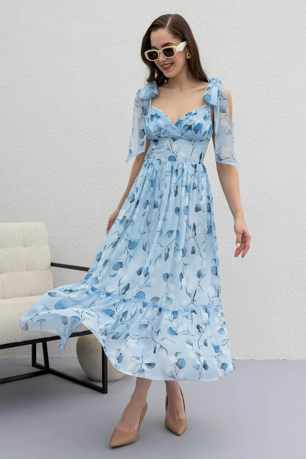 Askılı Şifon Elbise - BEBE MAVİSİ