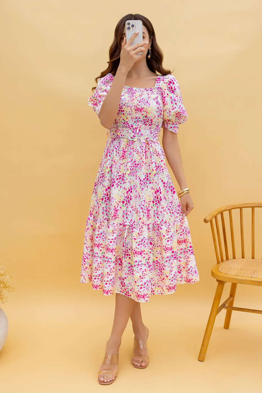 Çiçekli Gipeli Midi Elbise - PEMBE