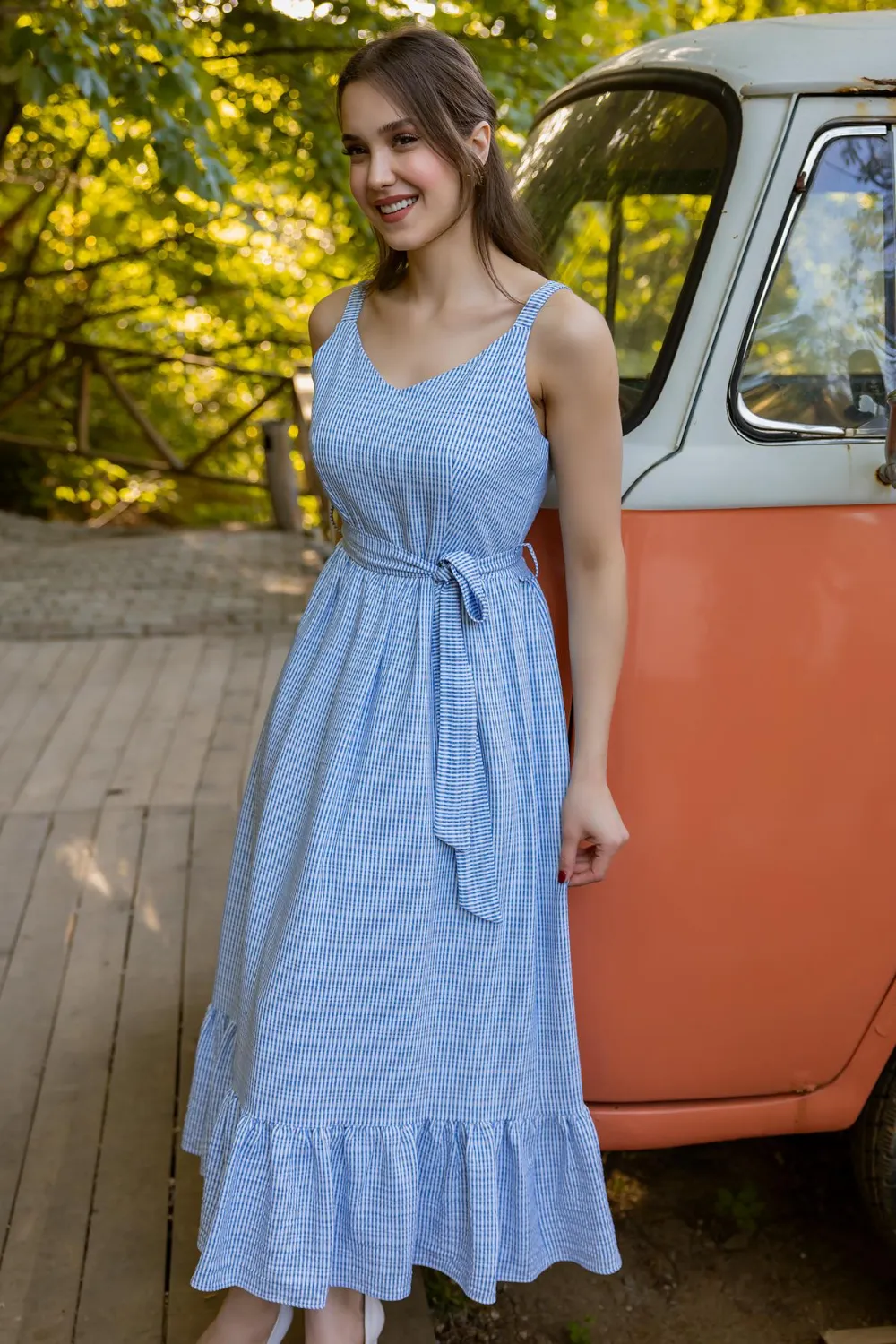 Çizgili Midi Boy Elbise - MAVİ
