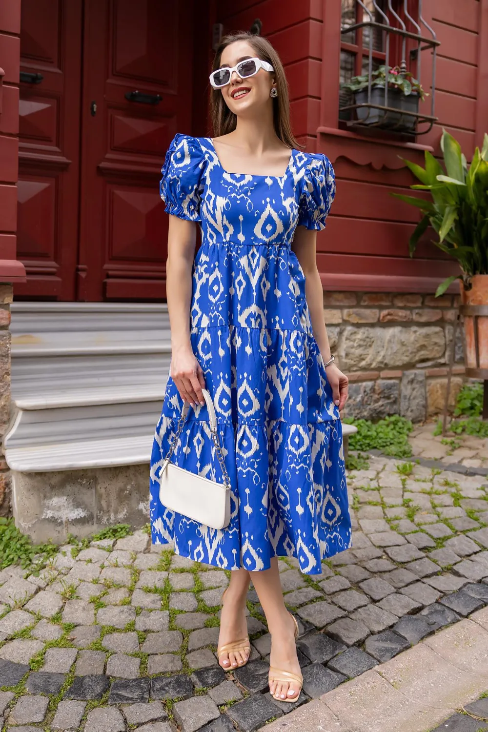 Desenli Poplin Elbise - MAVİ