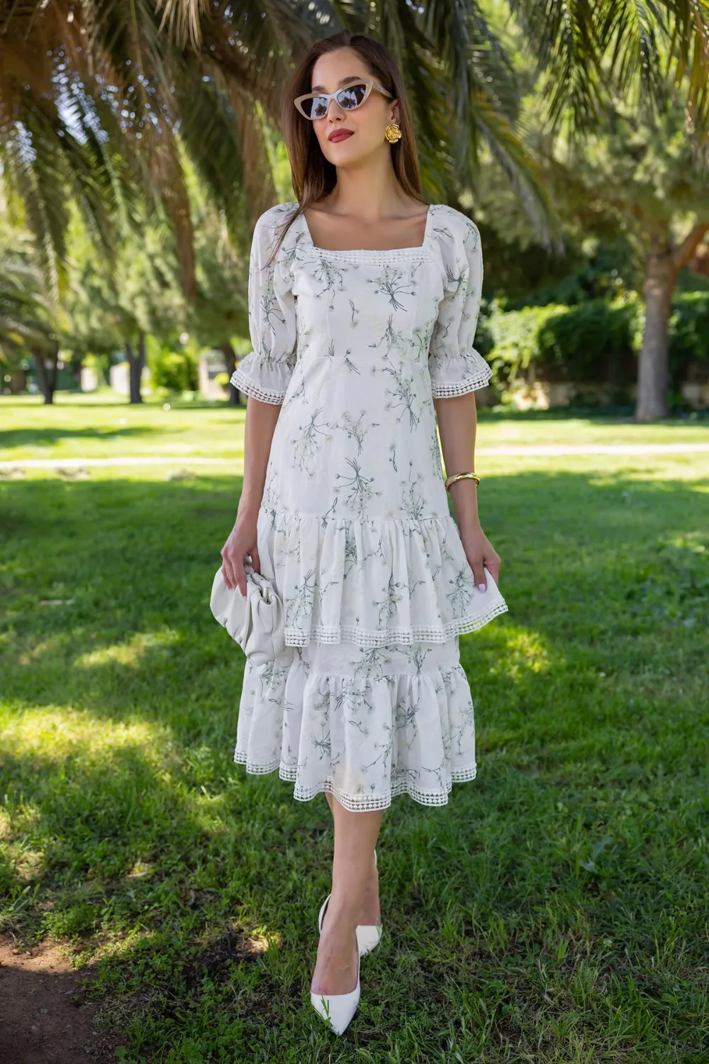 Etek Kat Midi Elbise - BEYAZ