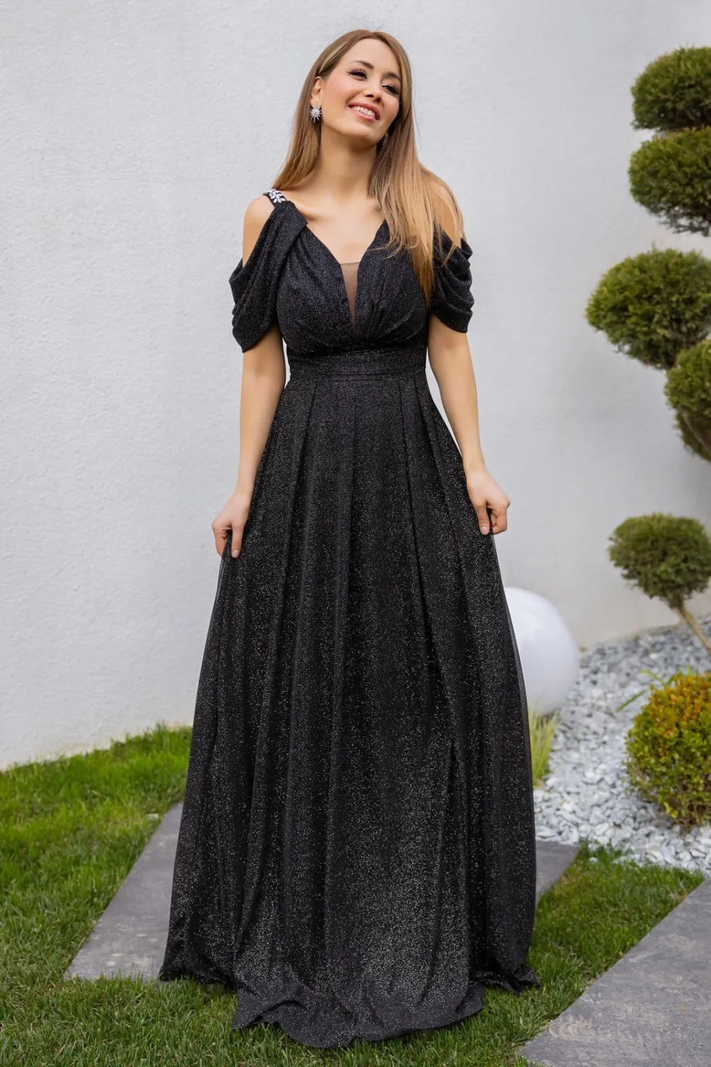 Göğüs Drapeli Simli Abiye - SİYAH