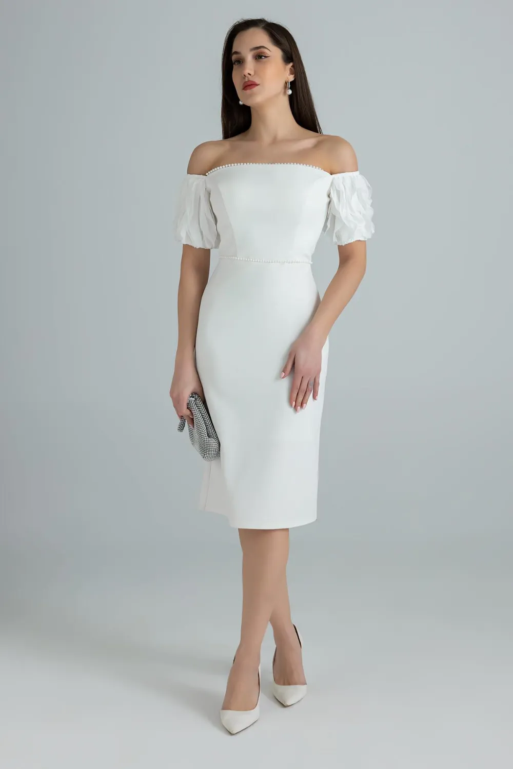 İnci Şeritli Kalem Abiye - BEYAZ