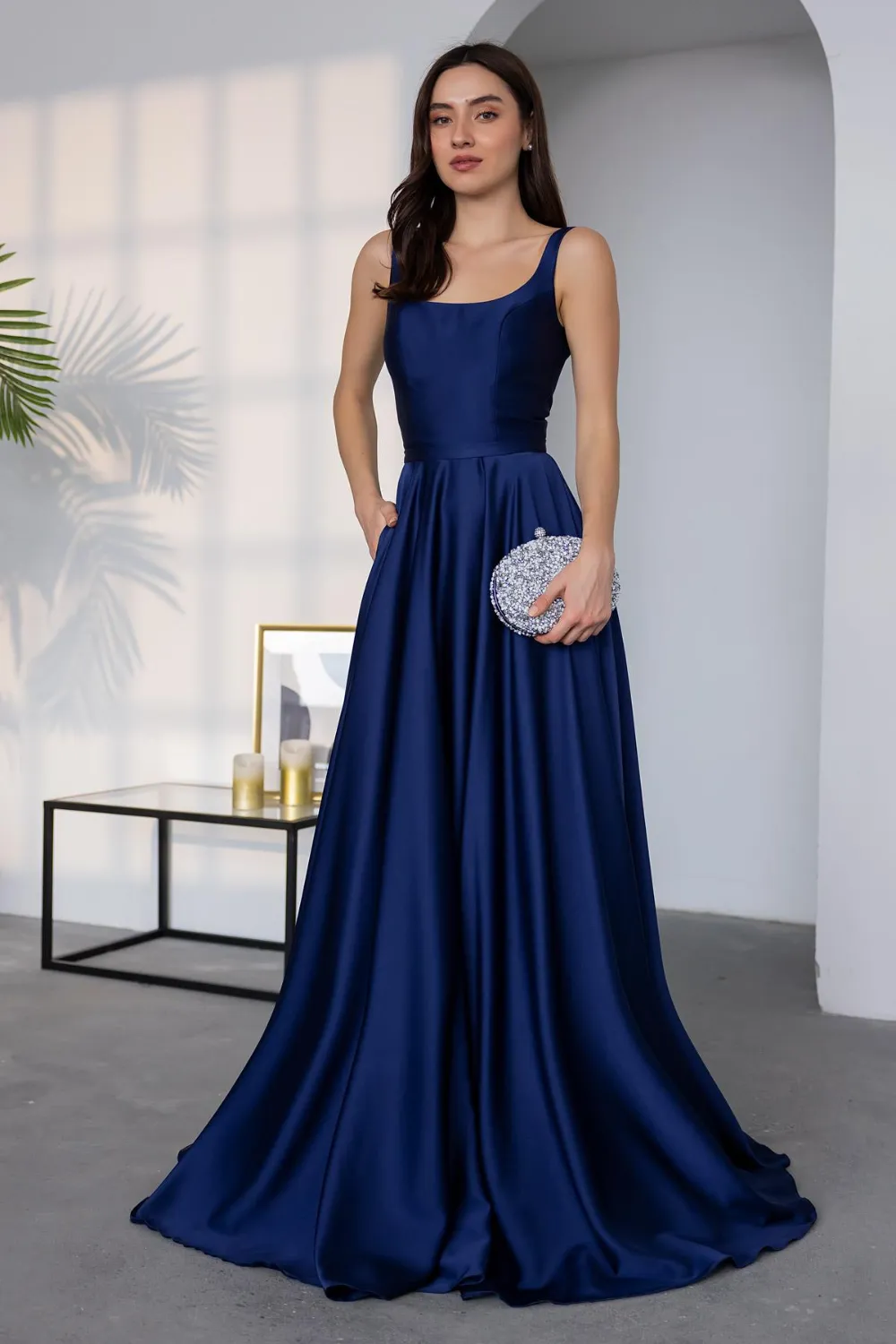 Kalın Askılı Saten Abiye - LACİVERT