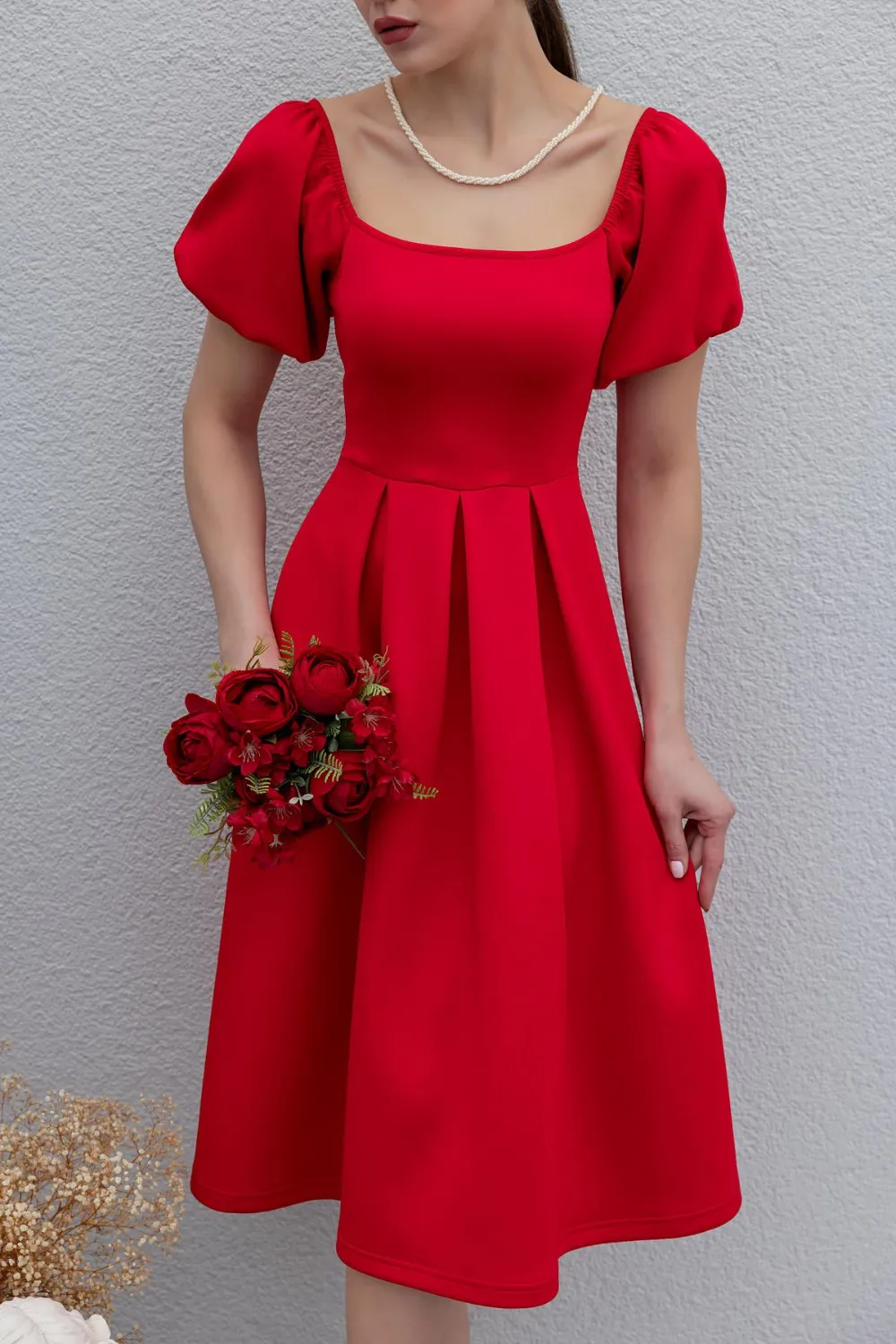 Kare Yaka Scuba Elbise - KIRMIZI