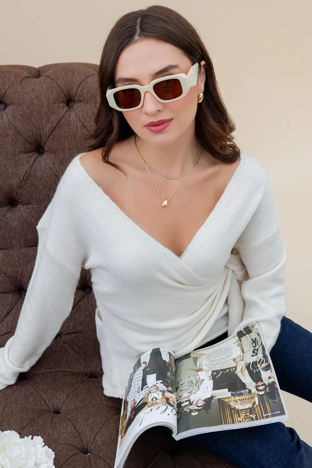 Kruvaze Bağlamalı Triko Kazak - EKRU