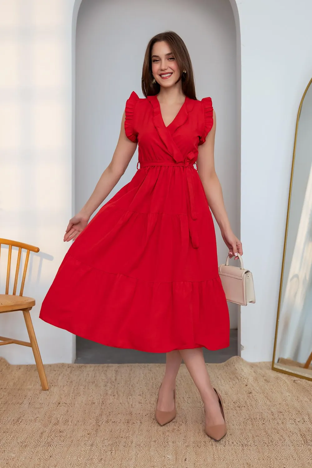 Kruvaze Yaka Midi Elbise - KIRMIZI