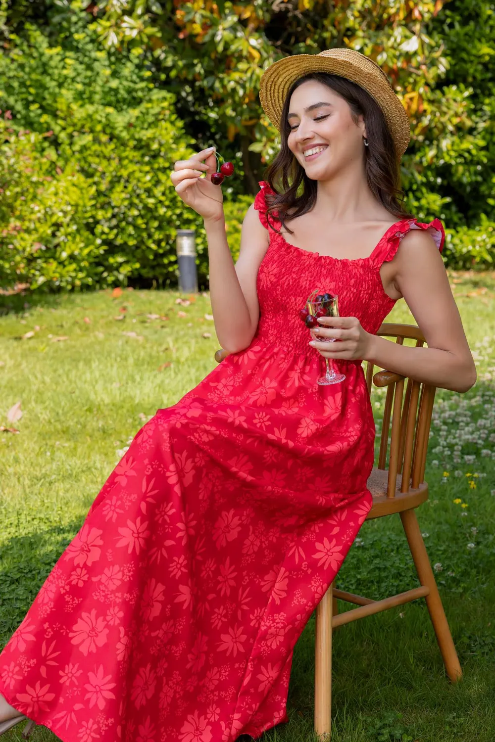 Omuz Fırfırlı Gipeli Elbise - NAR ÇİÇEĞİ