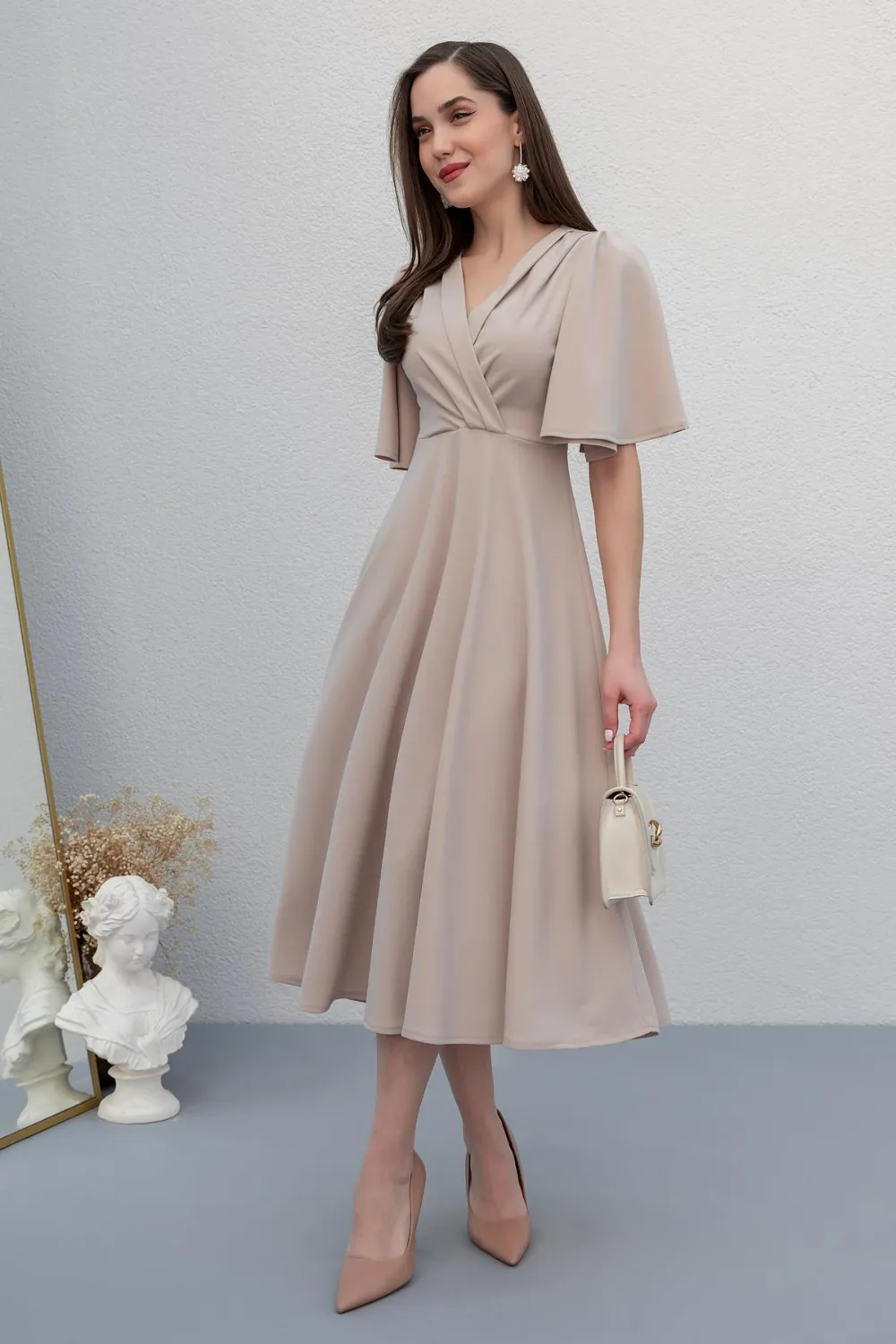 Omuz Pileli Midi Elbise - KREM