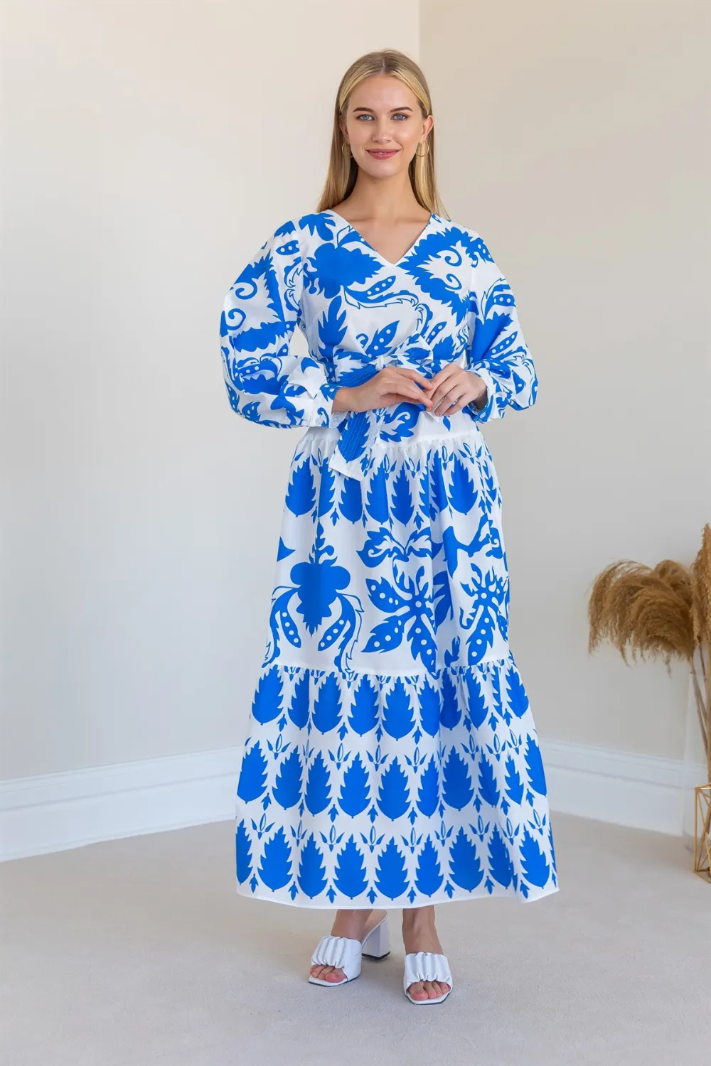 Poplin Kuşaklı Elbise - MAVİ