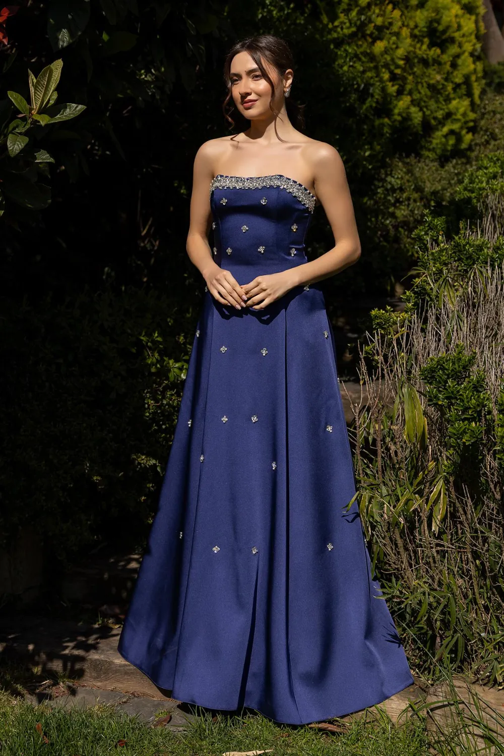 Taş İşlemeli Straplez Abiye - LACİVERT