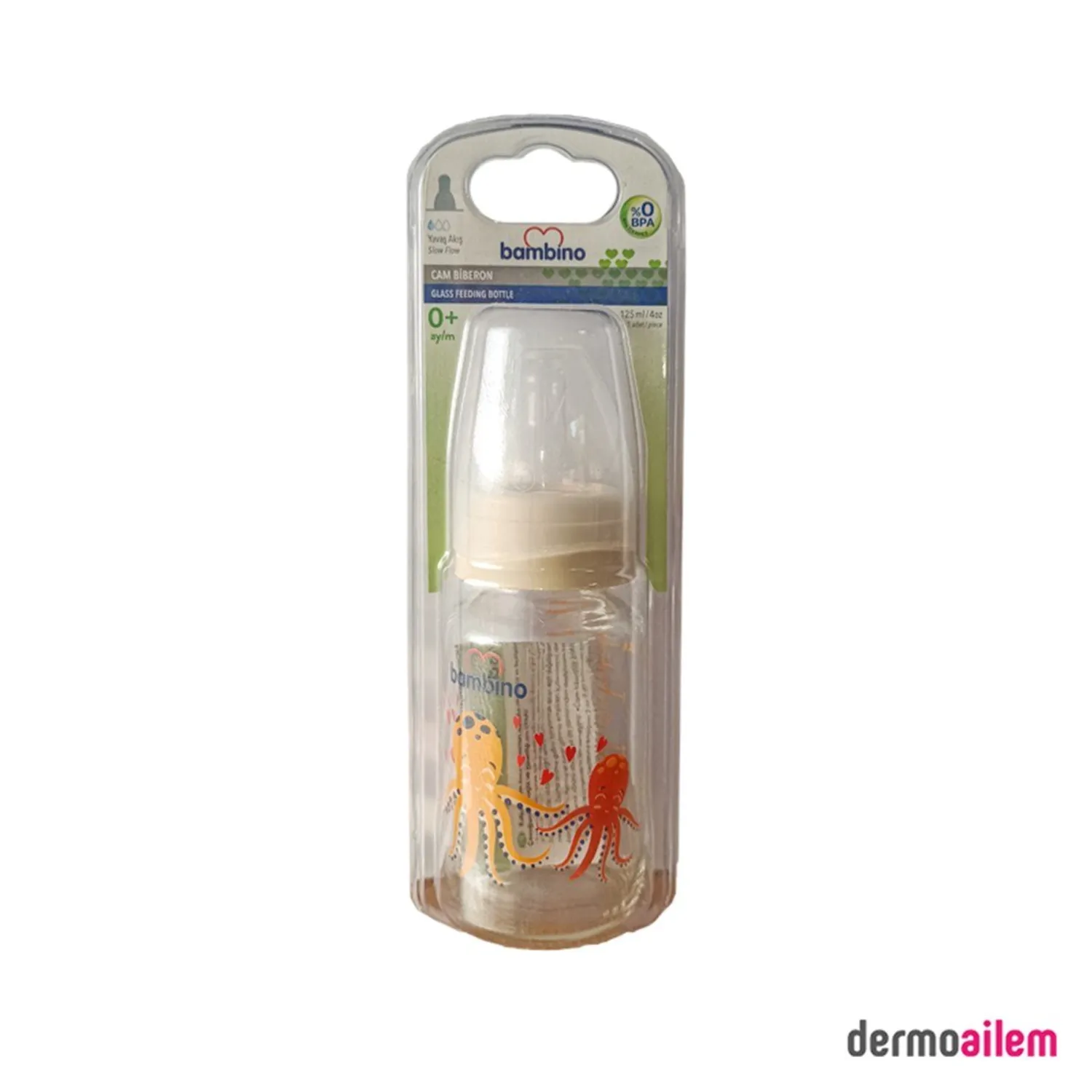 Bambino Cam Biberon 125 Ml Beyaz Ahtapot Desenli B013