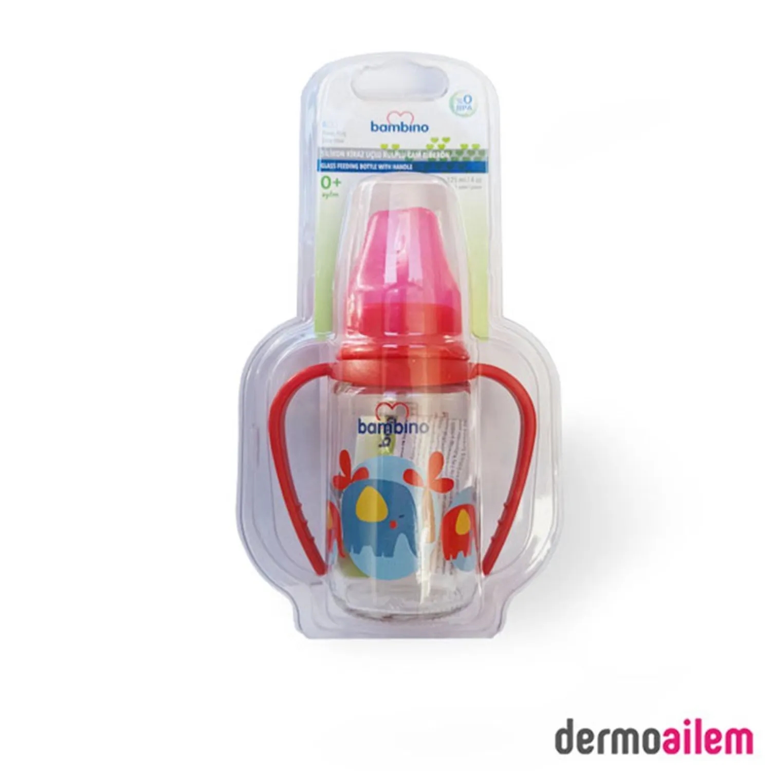 Bambino Silikon Kiraz Uçlu Kulplu Cam Biberon 125 Ml Kırmızı B015