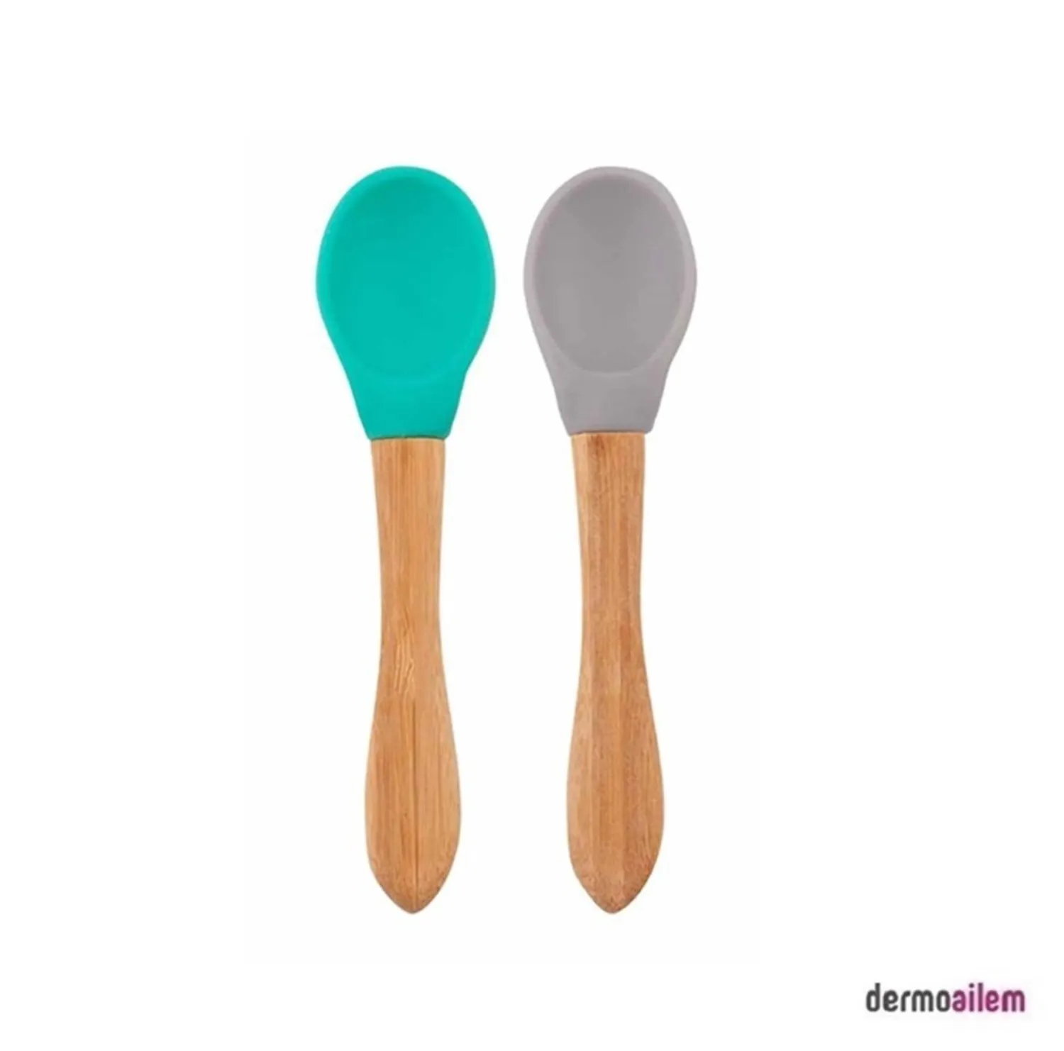 OİOİ Bambu Saplı Silikon 2'li Yeşil-Gri Mama Kaşığı