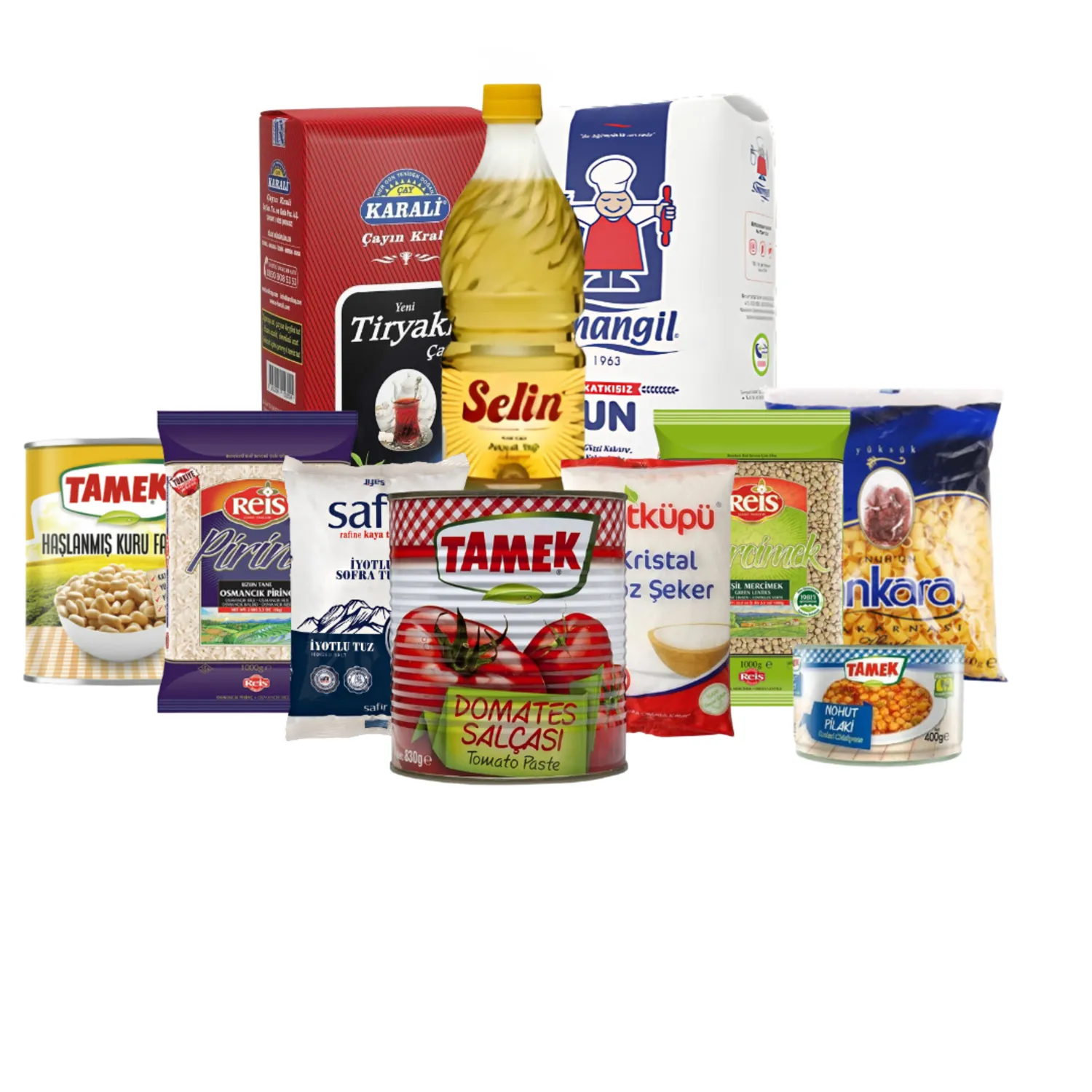 Mutfak Temel Gıda Seti 3– Pirinç, Mercimek, Makarna, Yağ, Un, Şeker, Tuz, Salça, Pilaki, Haşlanmış Fasulye, Çay