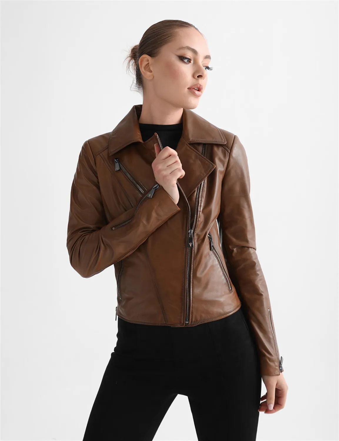 Aliane Hakiki Deri Kadın Kızıl Kahve Ceket