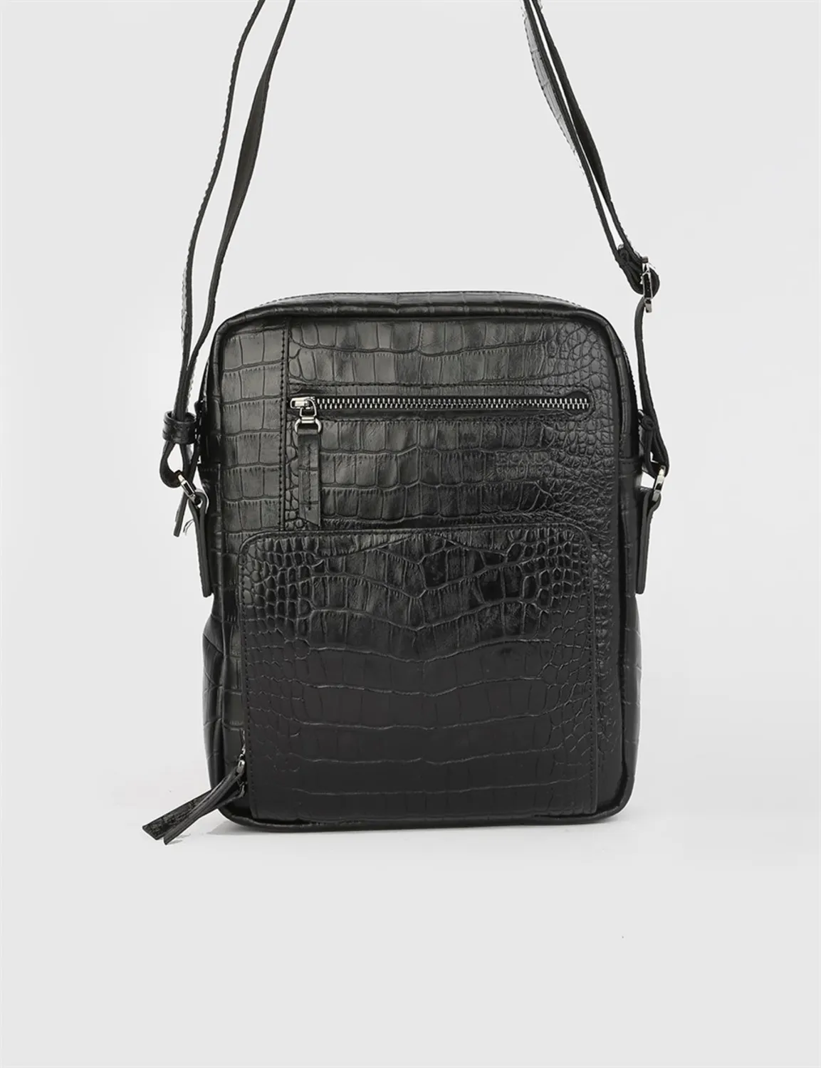 Garlen Erkek Omuz Çantası Siyah Kroko Deri