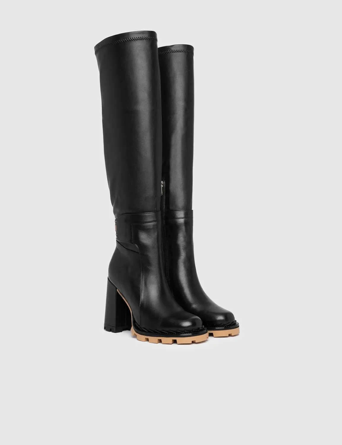 Kumbo Hakiki Deri Kadın Siyah Topuklu Çizme