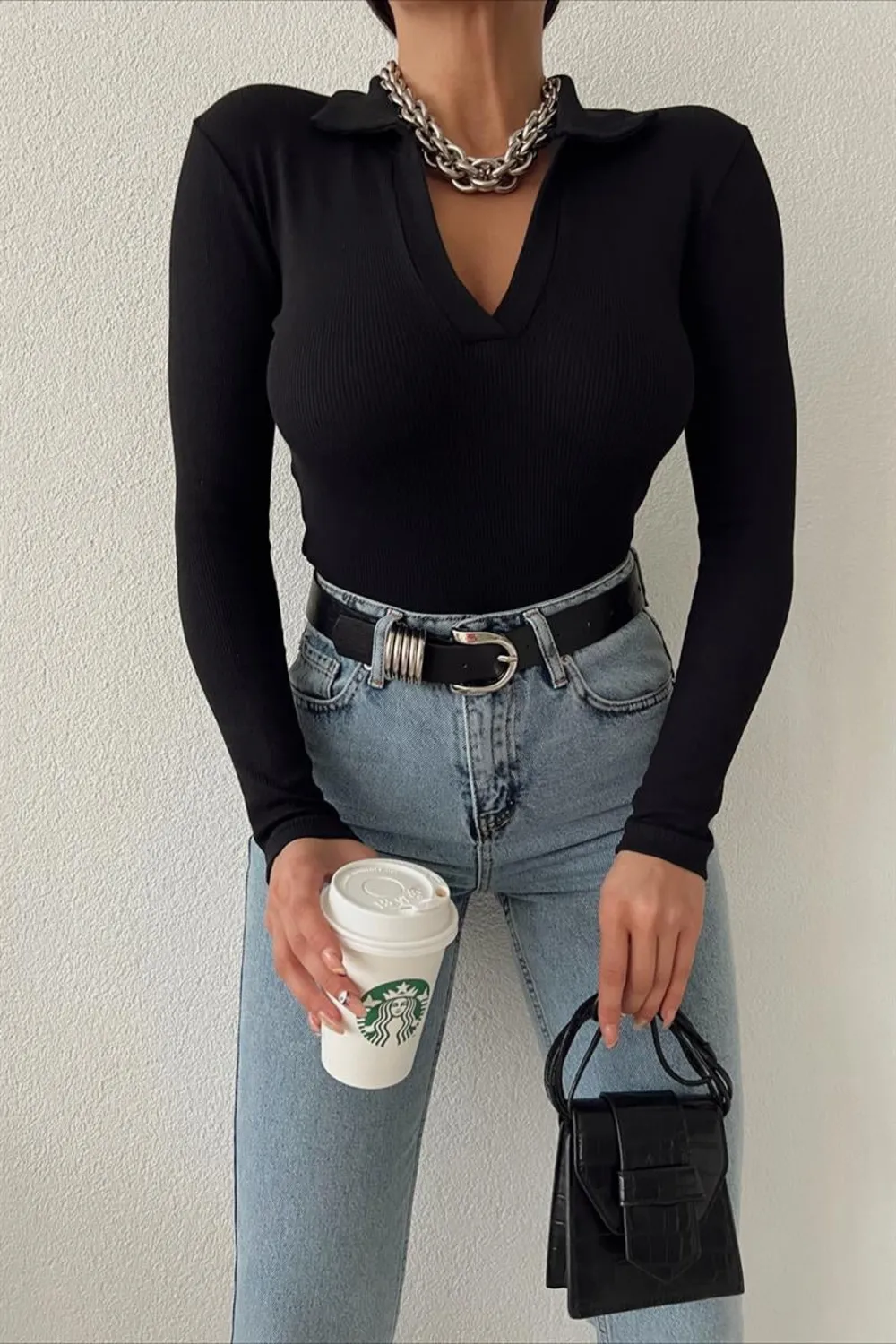 Polo Yaka Basic Bluz Siyah