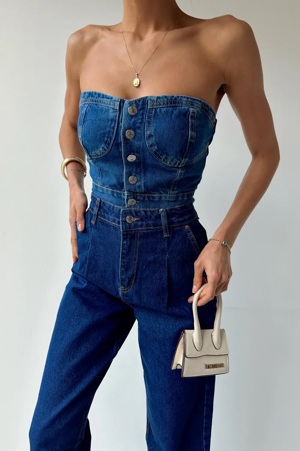 Düğmeli Denim Bra Mavi