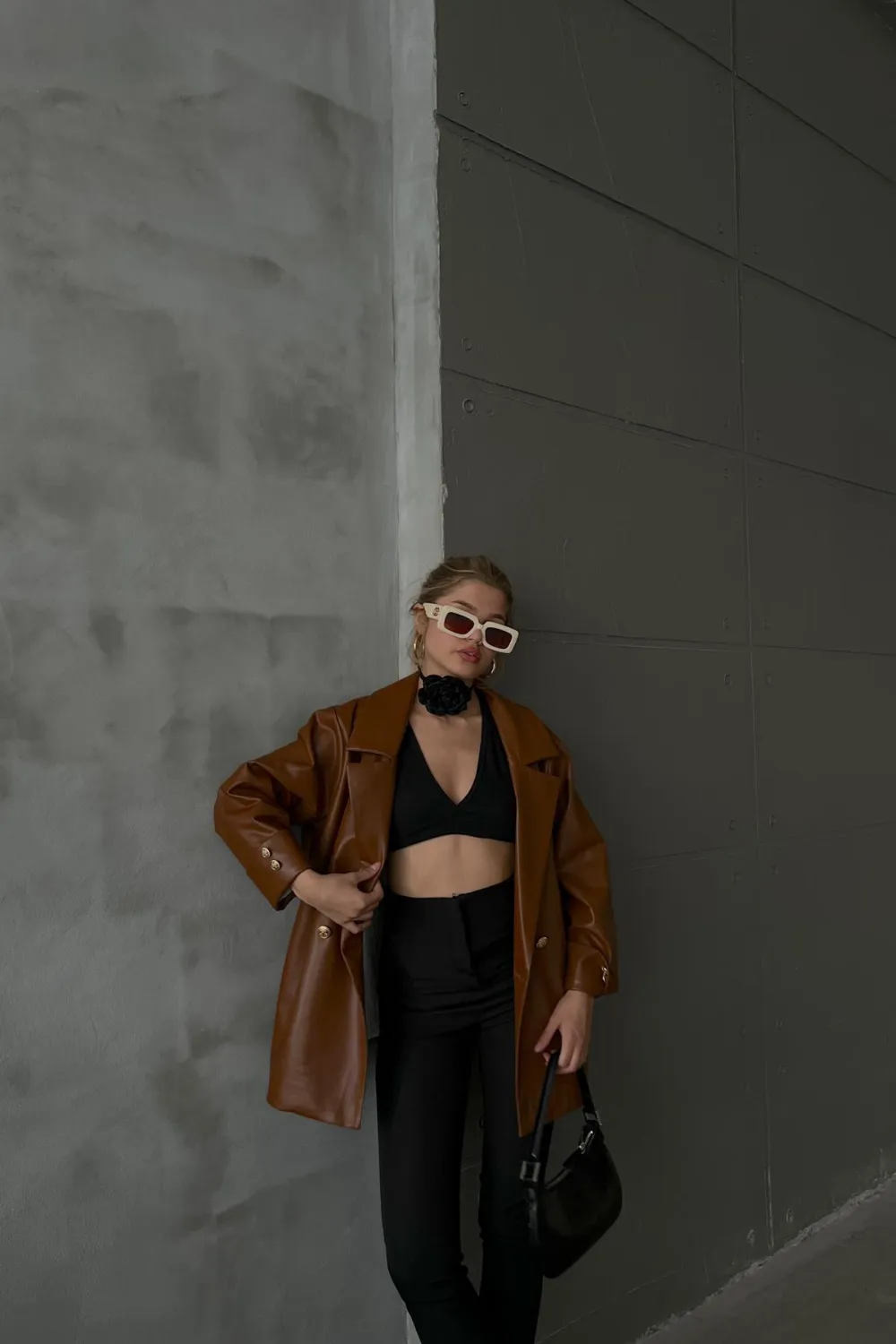 Gold Düğme Oversize Deri Blazer Ceket Kahve