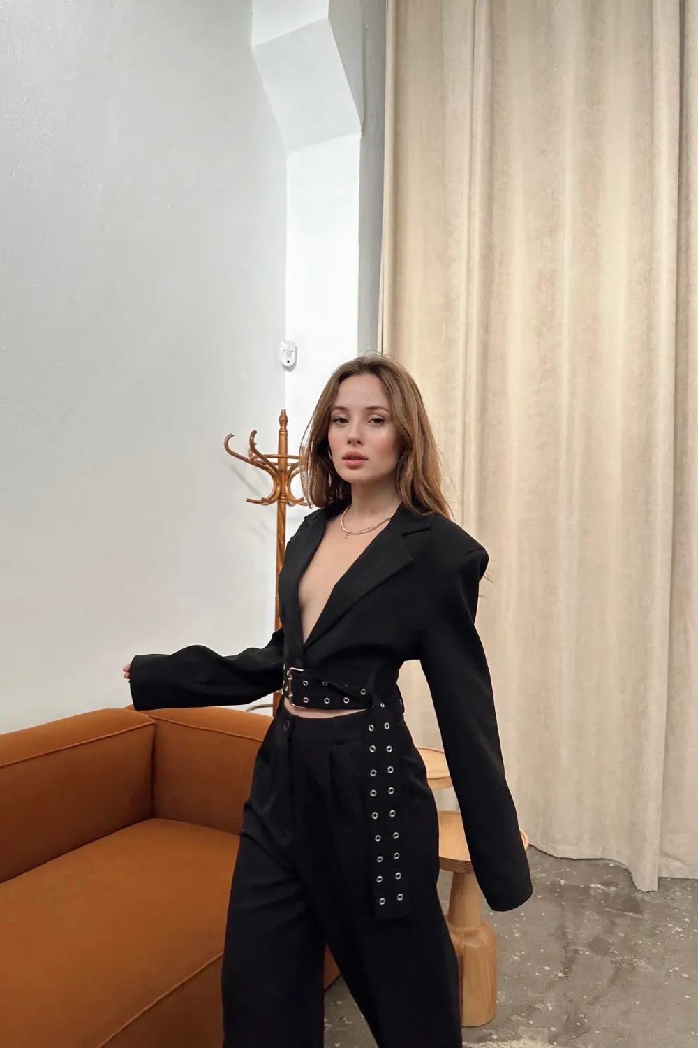 Kemerli Crop Blazer Ceket Siyah