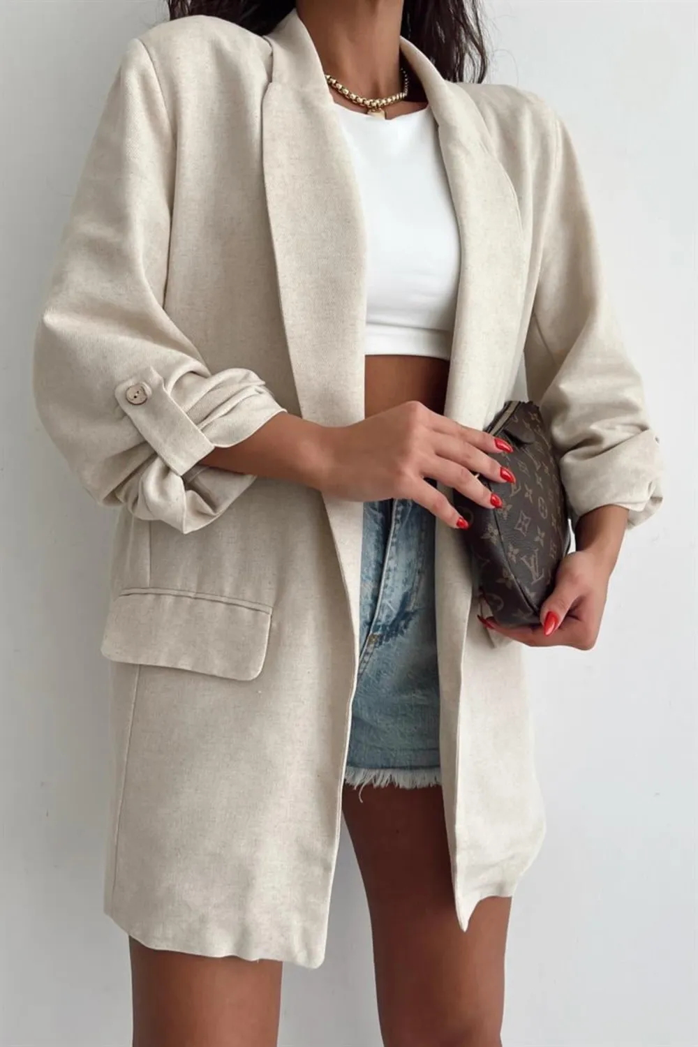 Kol Düğmeli Blazer Keten Ceket Taş