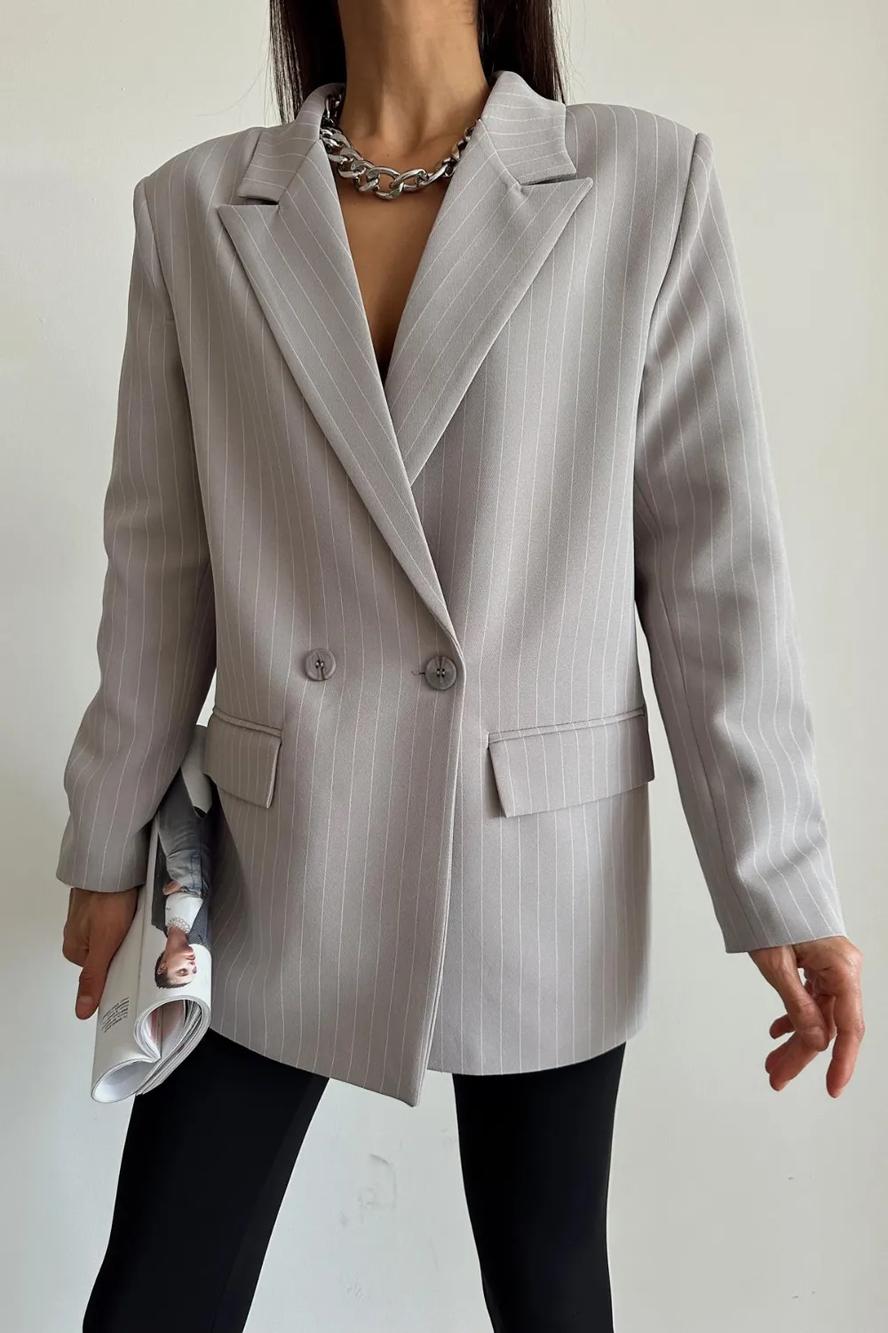 Kruvaze Çizgili Oversize Ceket Gri