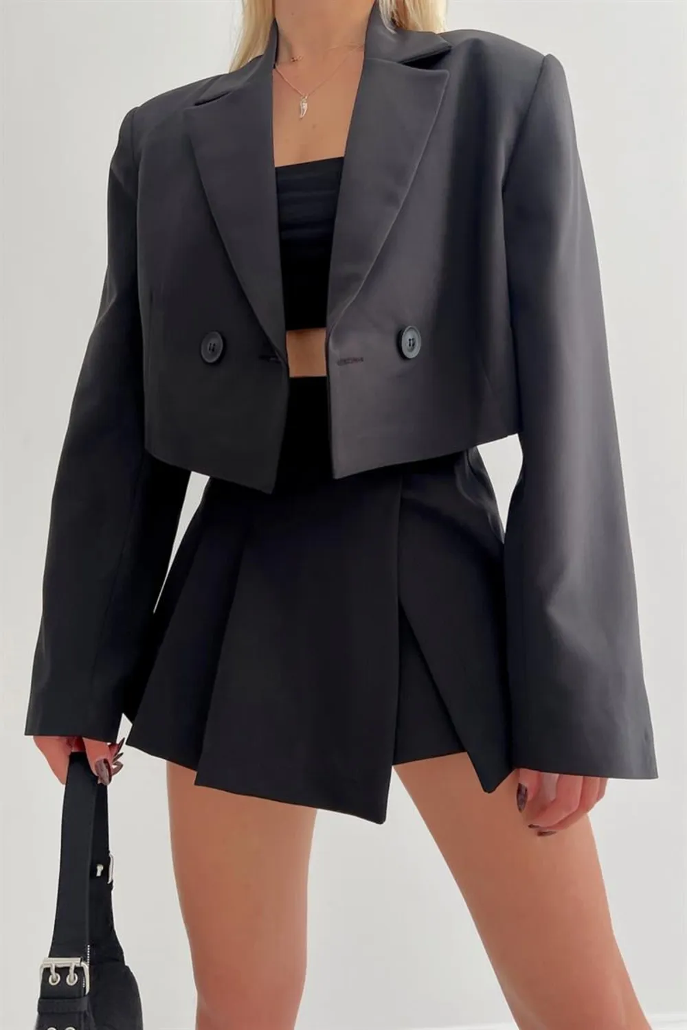 Kruvaze Crop Ceket Siyah