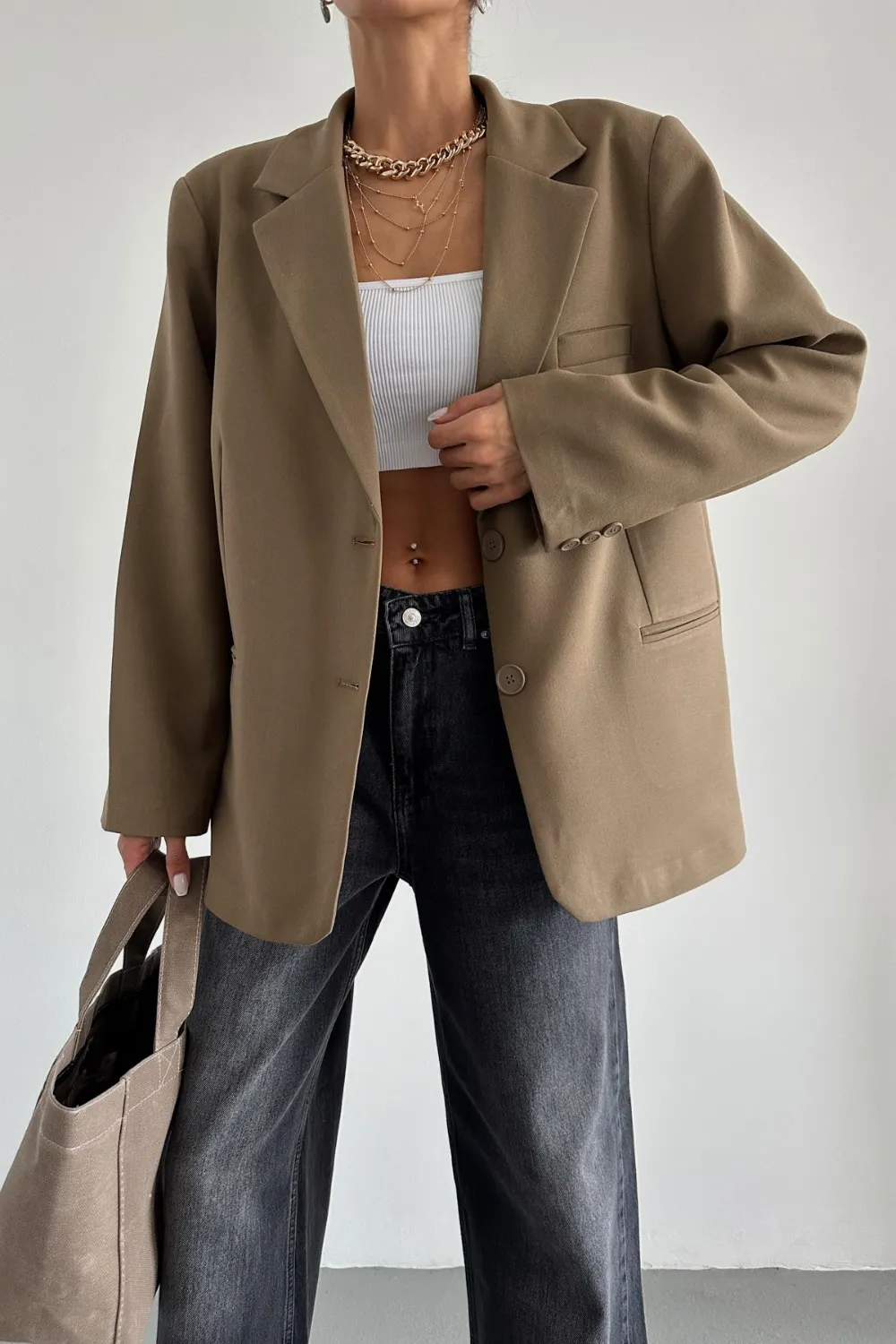 Oversize Süs Cep Blazer Ceket Vizon