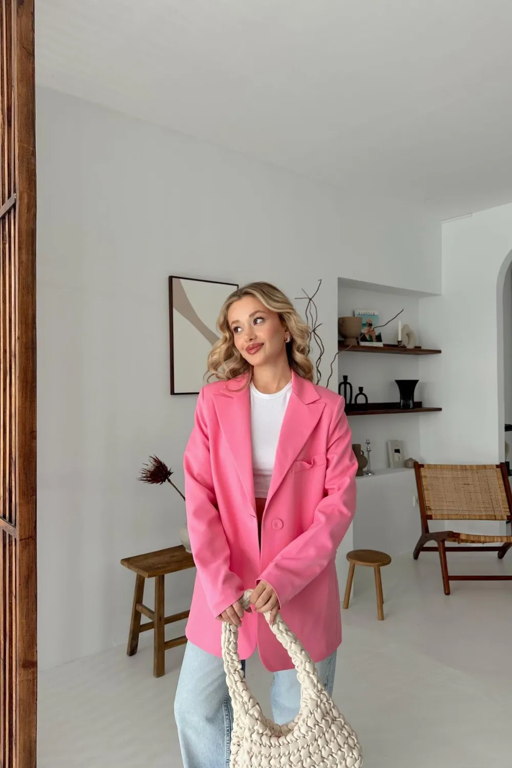 Tek Düğmeli Blazer Pembe
