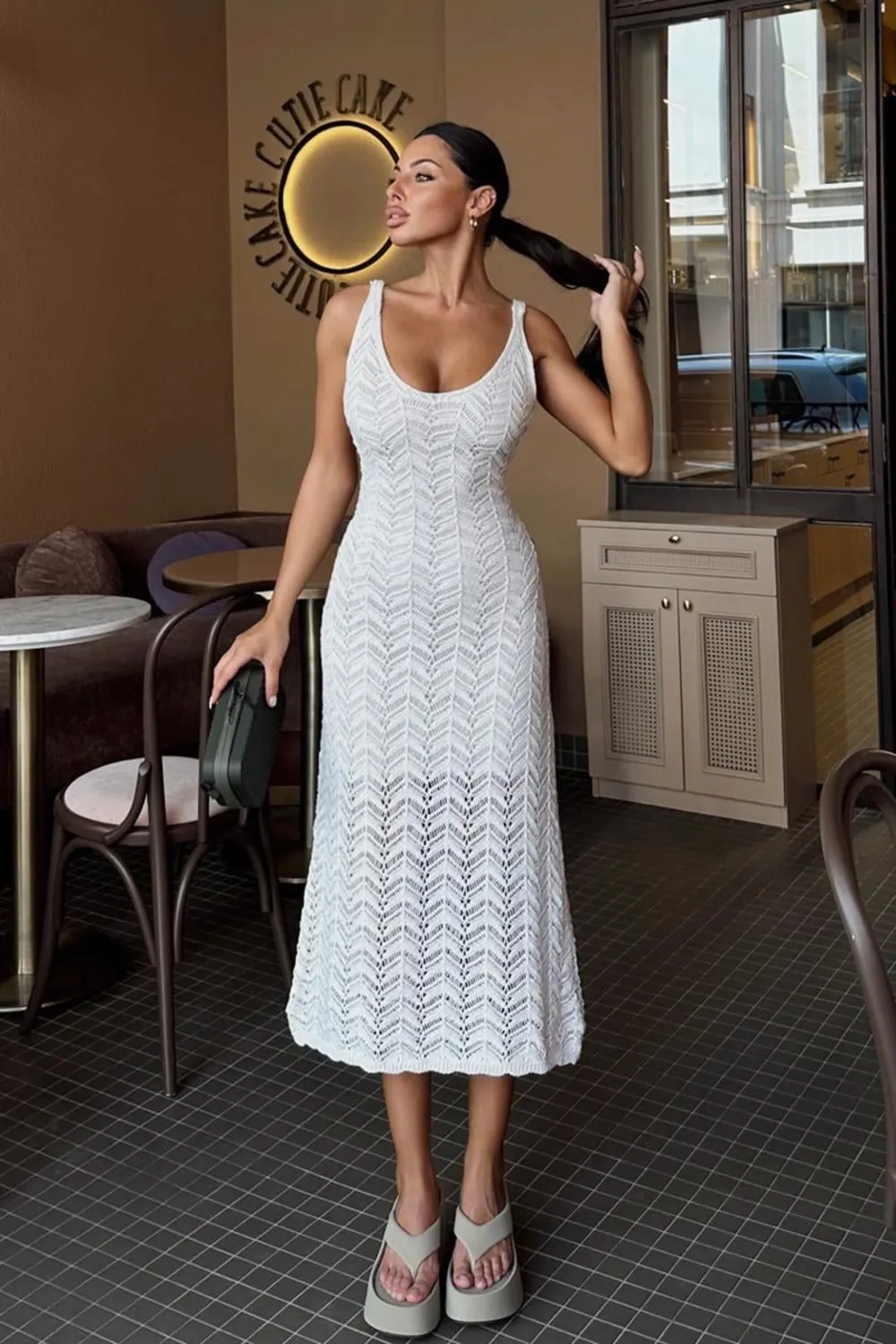 Ajurlu Astarlı Triko Elbise Krem