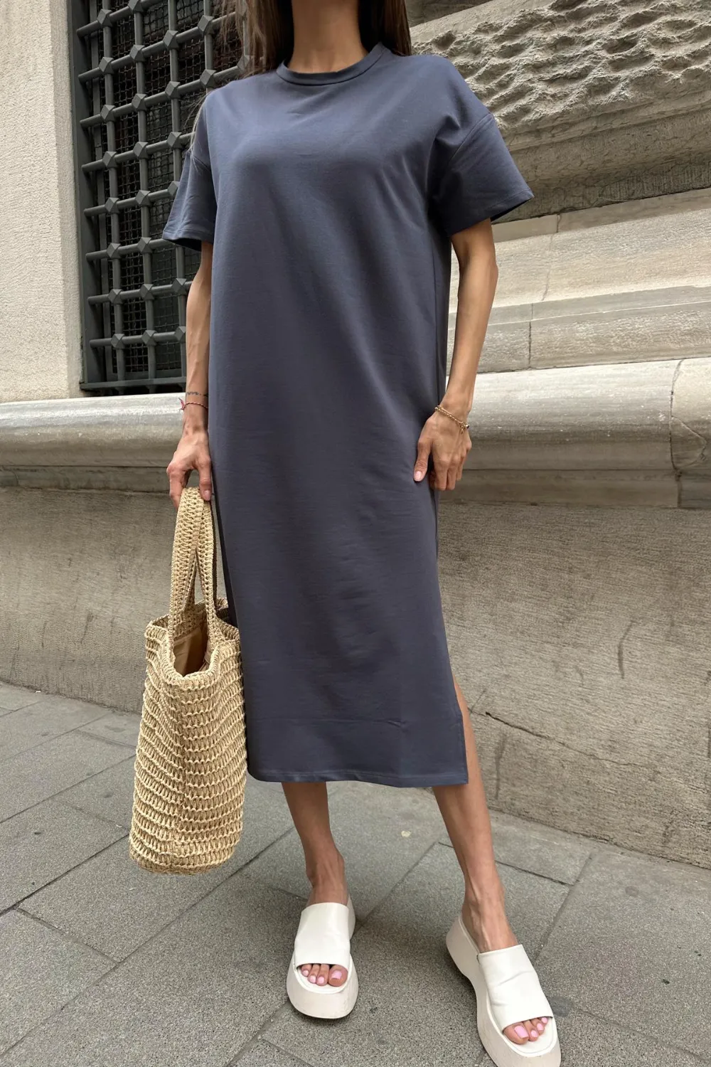 Basic Yanları Yırtmaçlı Elbise Antrasit