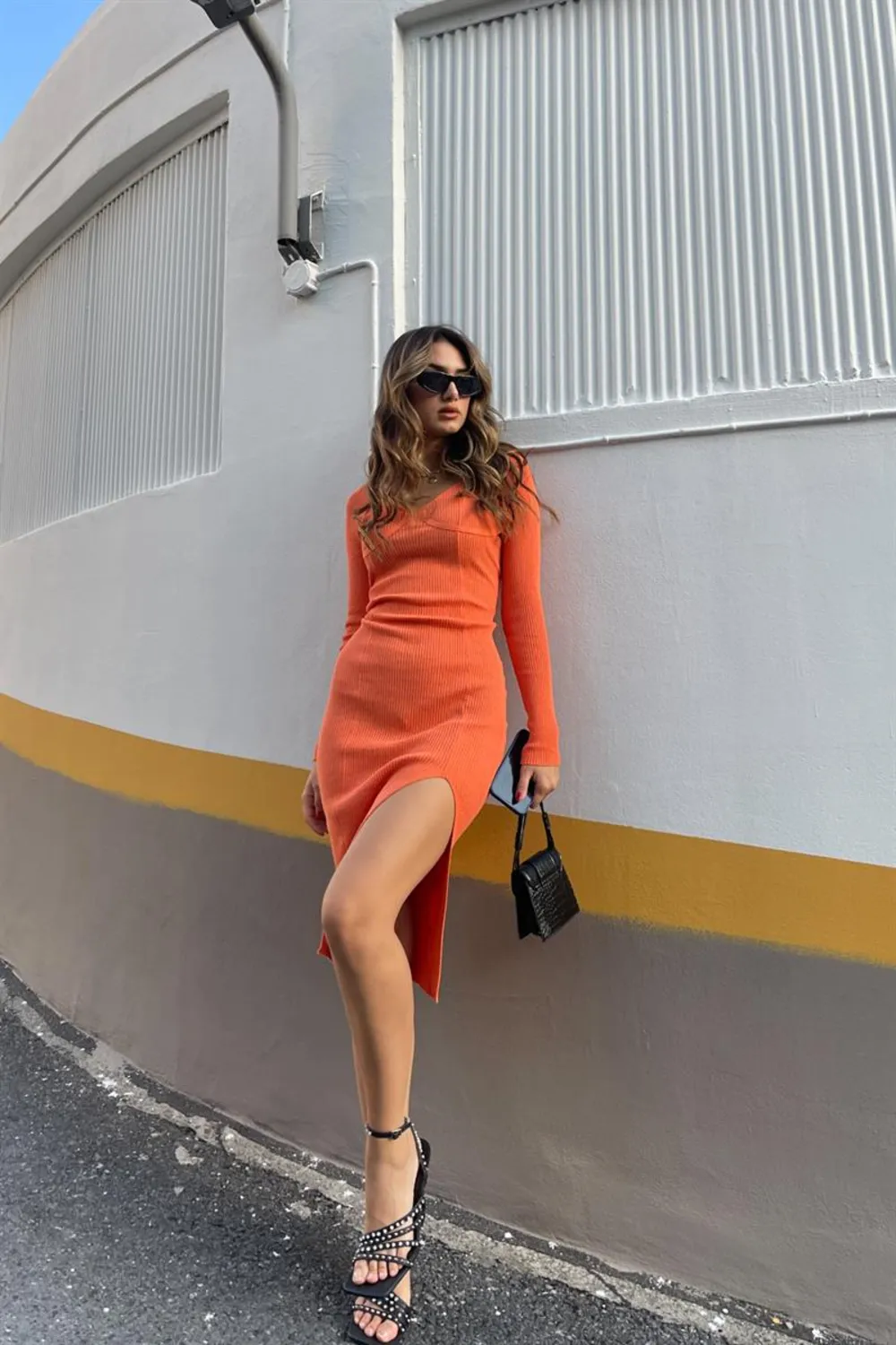 Yırtmaçlı Cuplu Triko Elbise Oranj