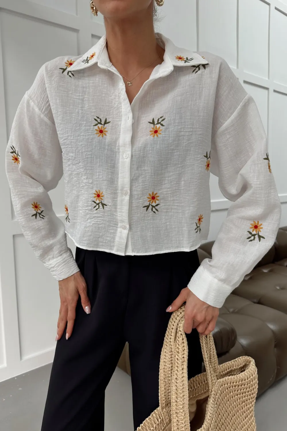 Nakışlı Crop Gömlek Beyaz