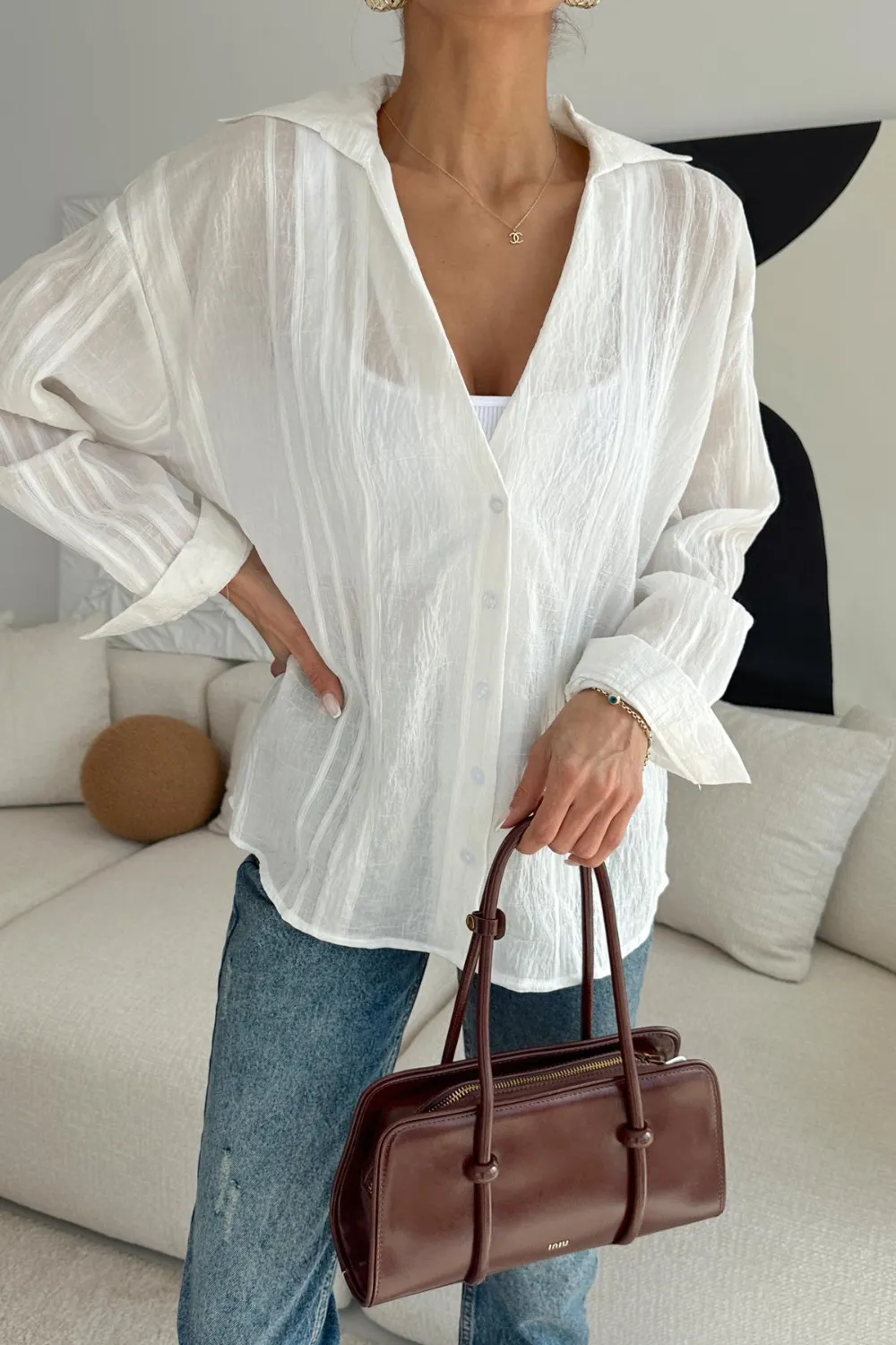 Premıum Dokulu Gömlek Ekru