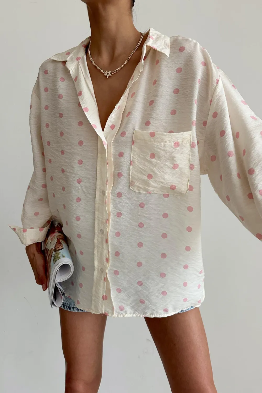 Puantiyeli Oversize Gömlek Pembe