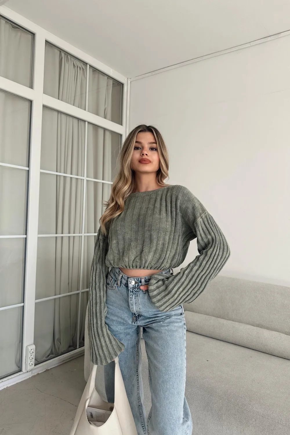 Büzgü Bel Yıkamalı Triko Haki