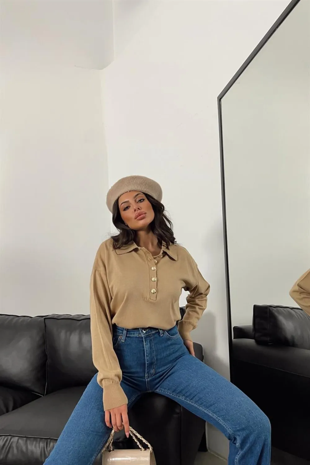 Gold Düğme Triko Kazak Bej