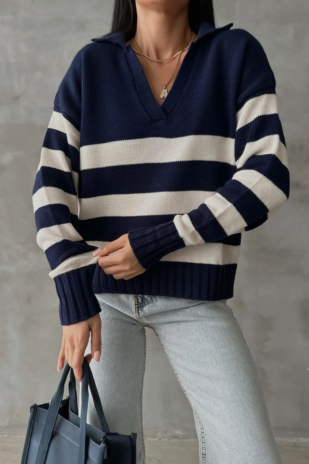 Polo Yaka Çizgili Triko Kazak Lacivert