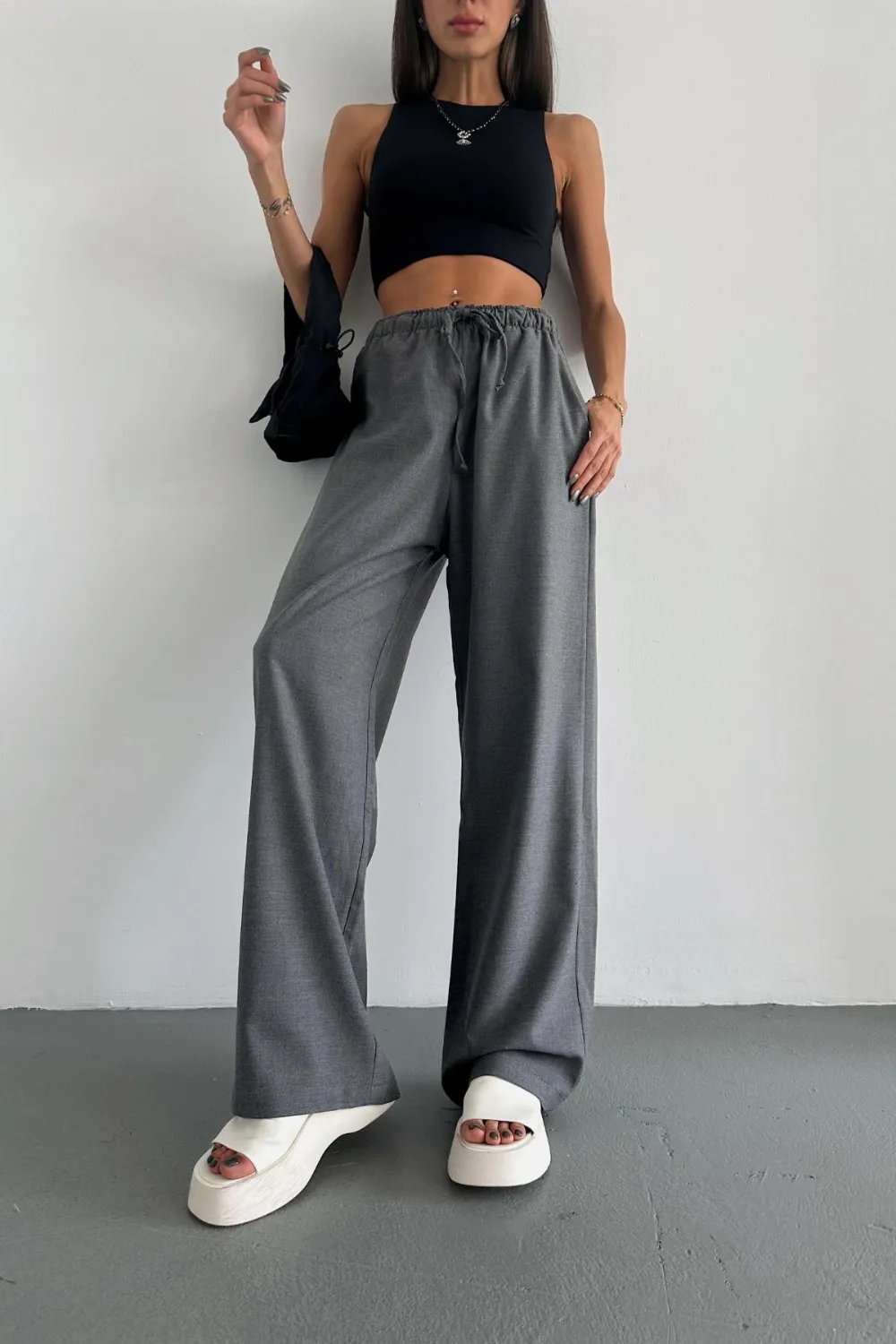 Bağcıklı Kumaş Palazzo Pantolon Antrasit