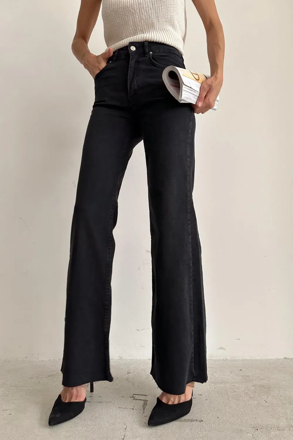 Kesik Paça Palazzo Jean Siyah