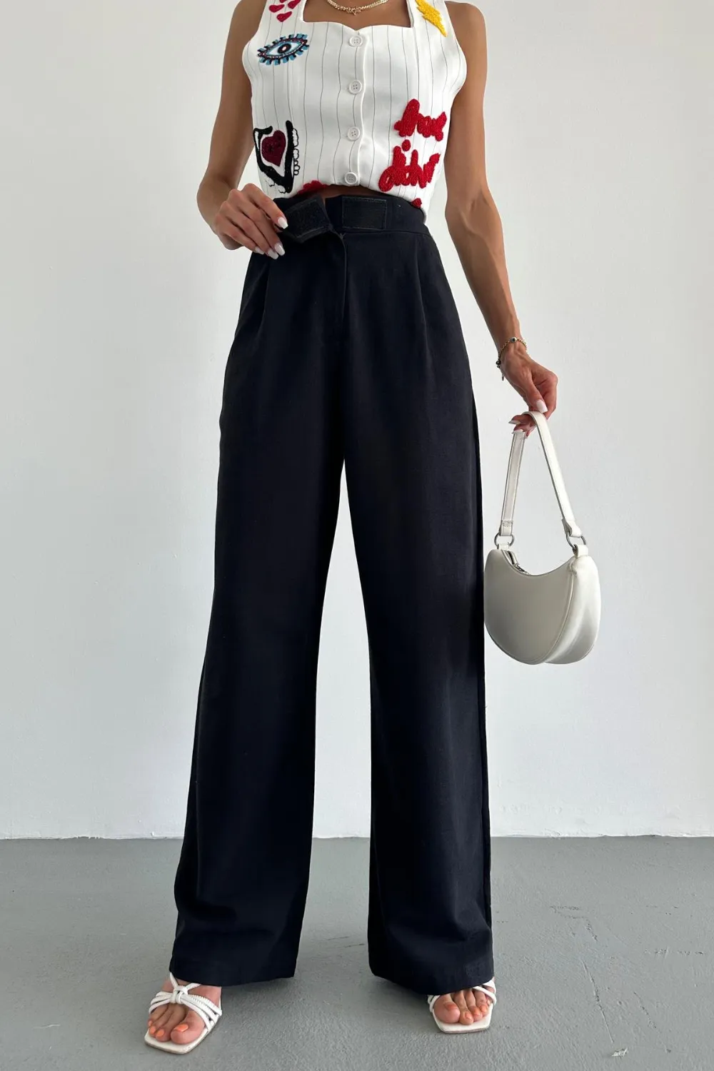 Keten ÇıtÇıt Palazzo Pantolon Siyah