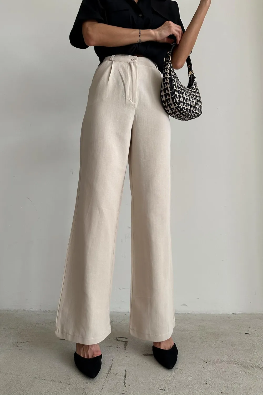 Keten Palazzo Pantolon Taş