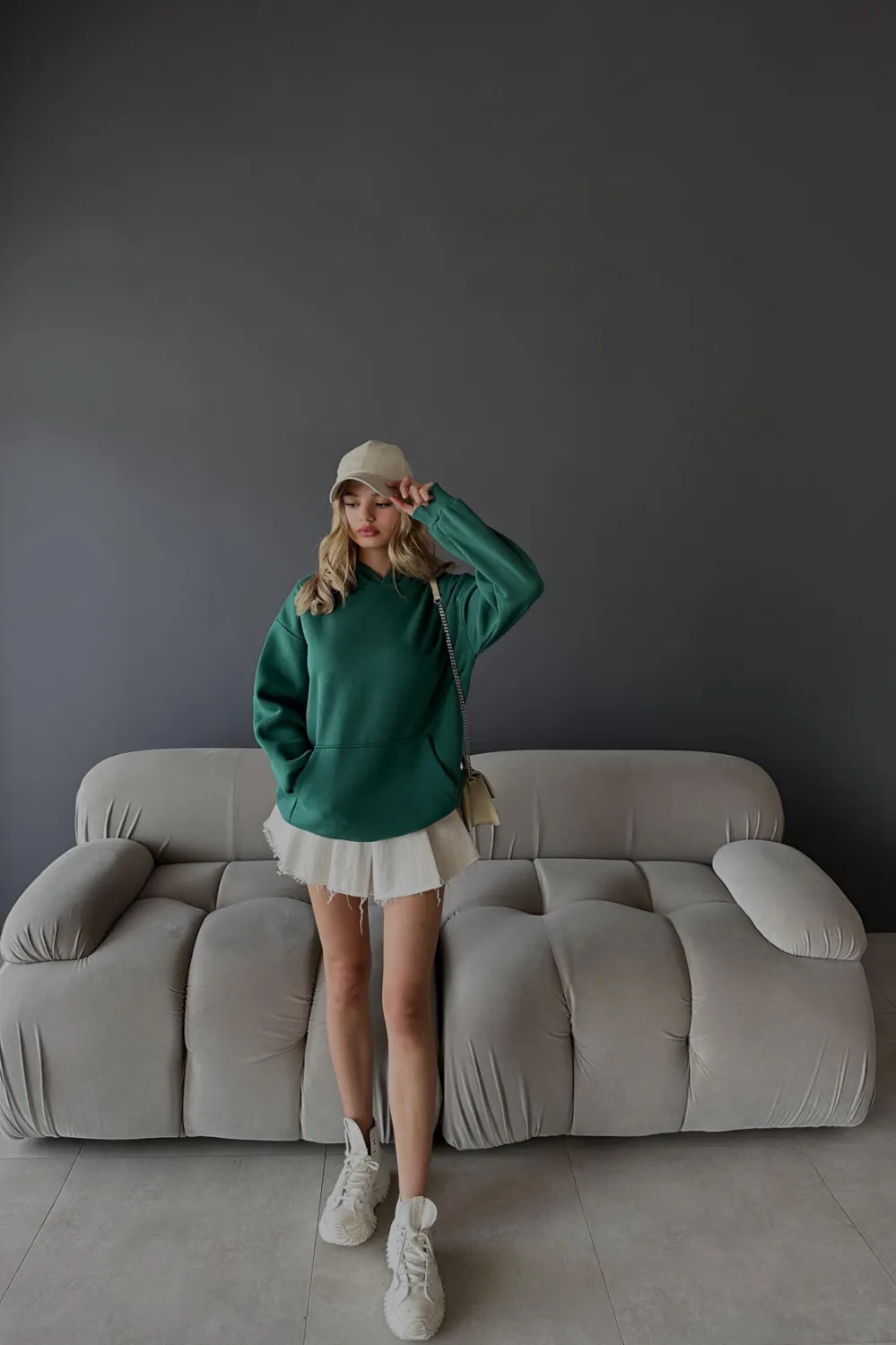 Kanguru Cepli Kapüşonlu Sweatshirt Zümrüt Yeşili