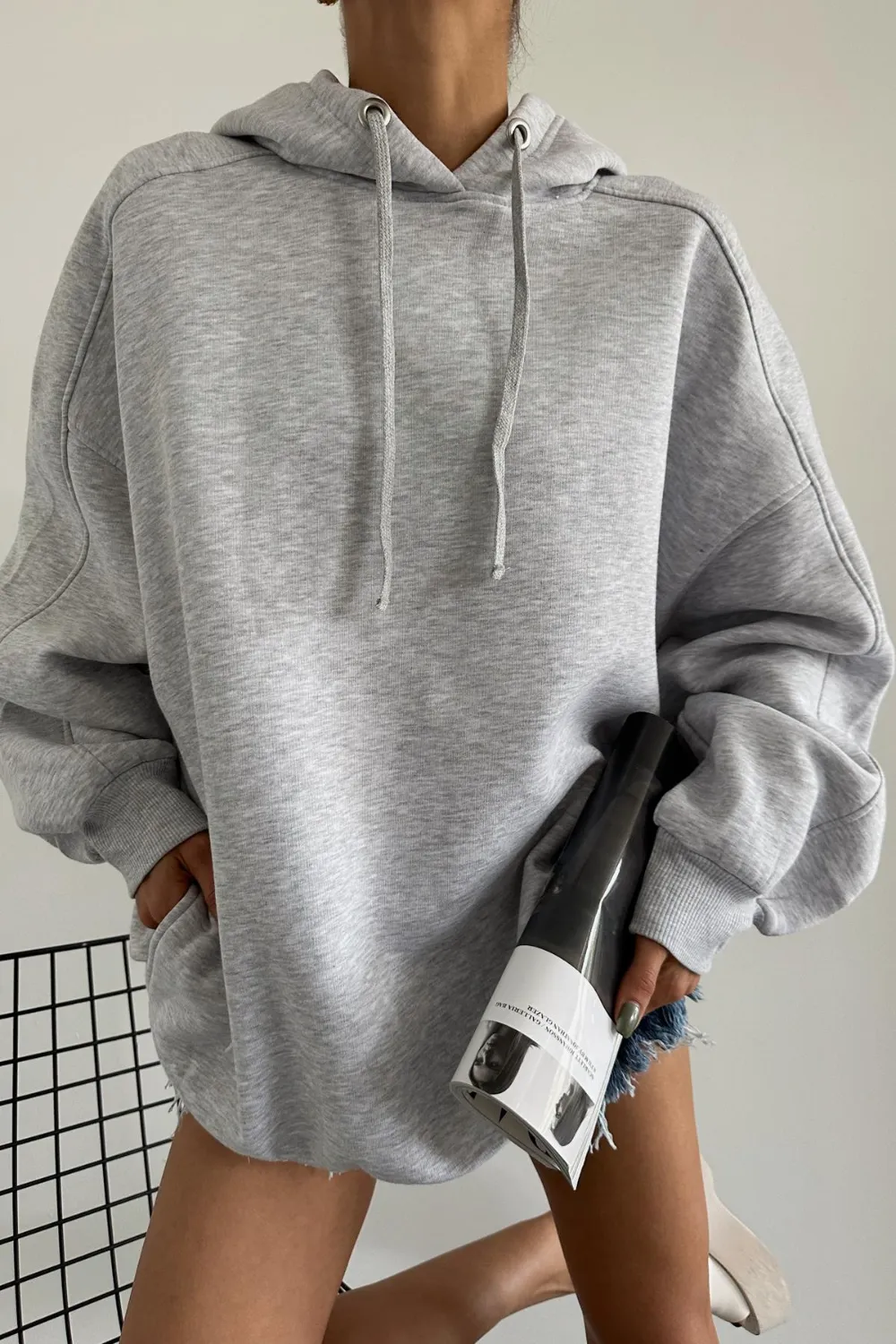 Oversize Kapüşonlu Sweat Gri Melanj