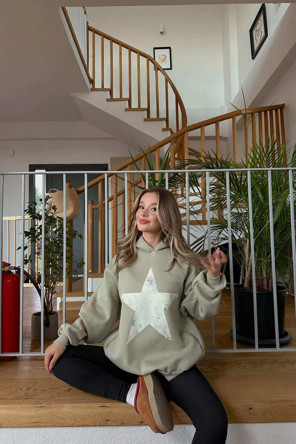 Star Baskı Sweatshirt Yeşil