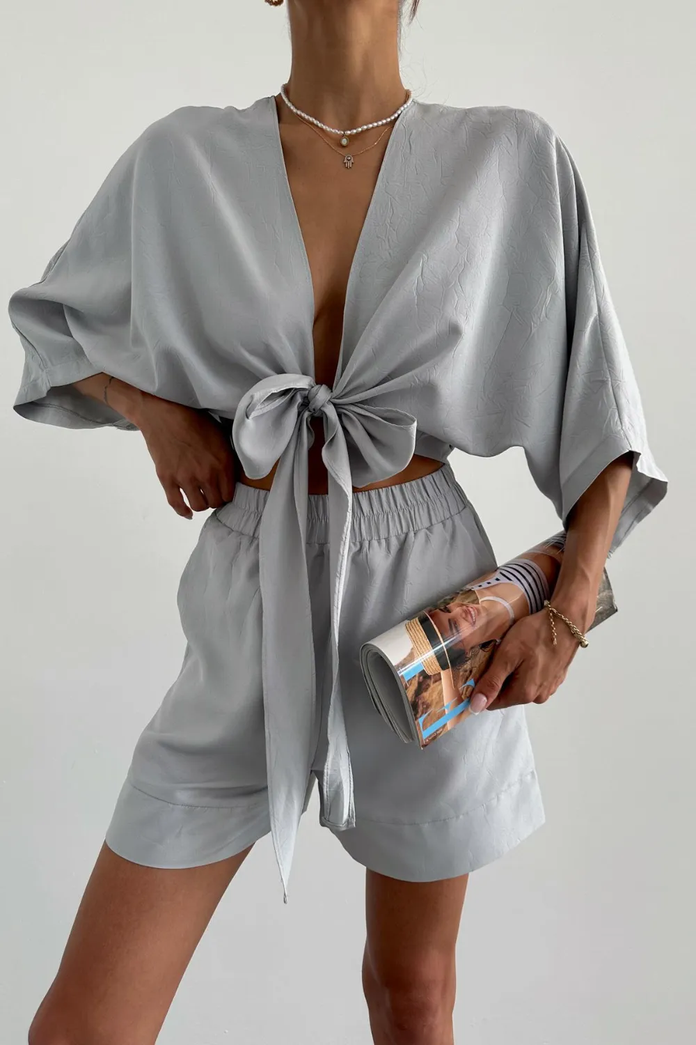 Bağlamalı Şort Takım Gri