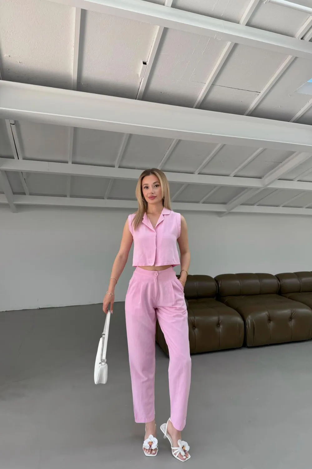 Keten Düğmeli Takım Pembe