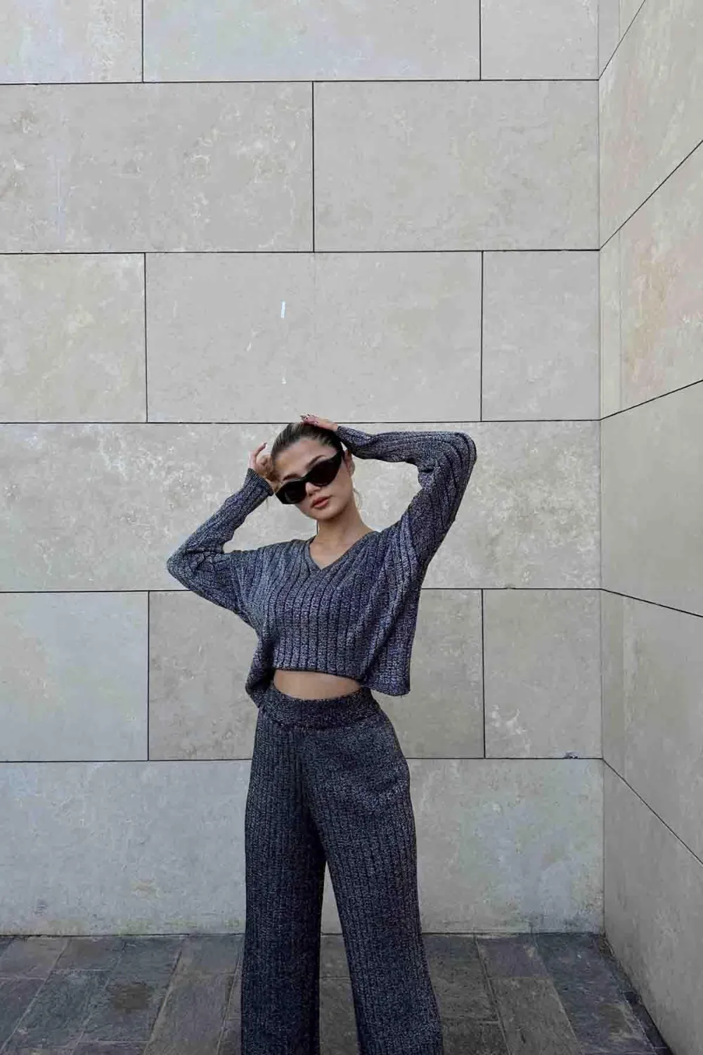 Simli Oversize Fitilli Takım Siyah